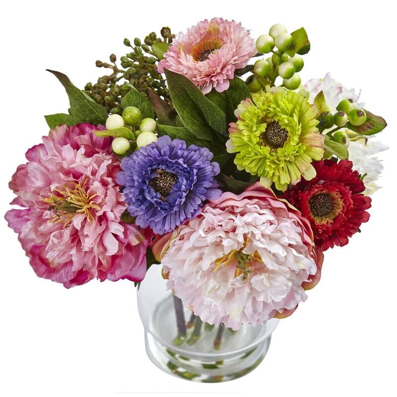 10.5" Peony and Mum Artificial Floral Arrangement with Glass Vase - Multi