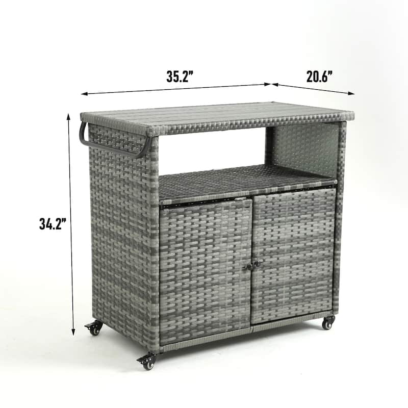 HOMEFUN Outdoor Wicker Bar Cart with Storage on Wheels