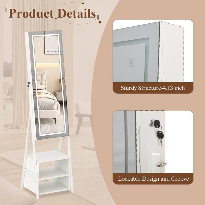 VECELO Standing Jewelry Cabinet Armoire with Adjustable LED Lights and Multi-functional Storage Shelf Drawers