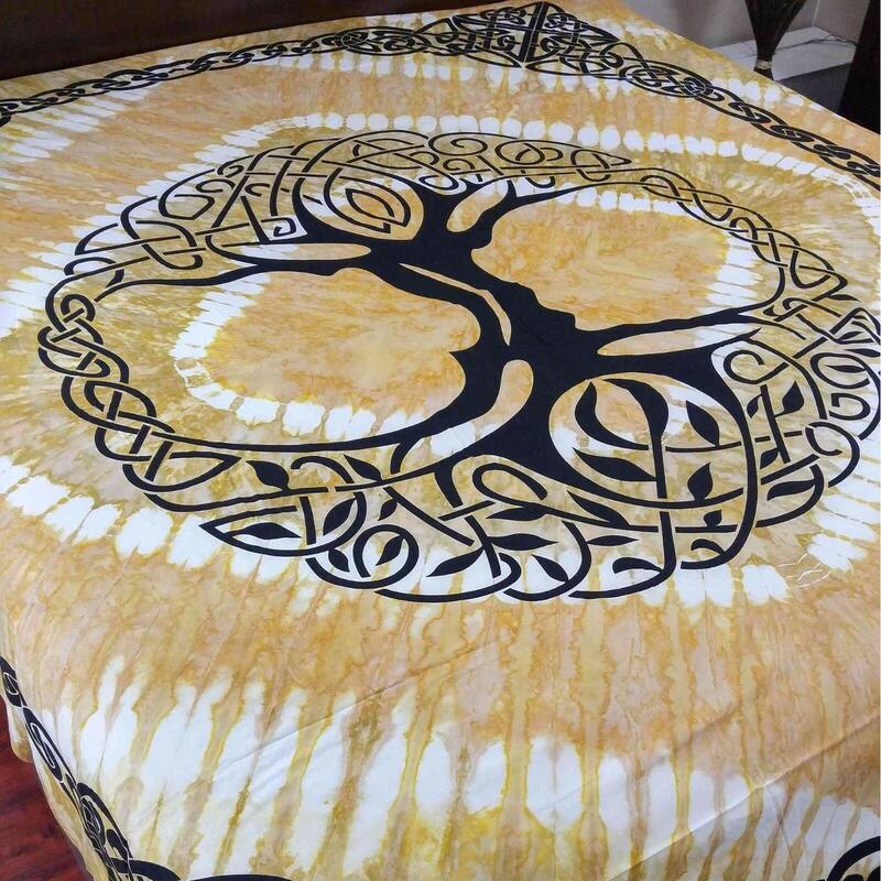 Cotton Celtic Tree of life Tablecloth Rectangle with Fringes - 88 x 104 in - Amber