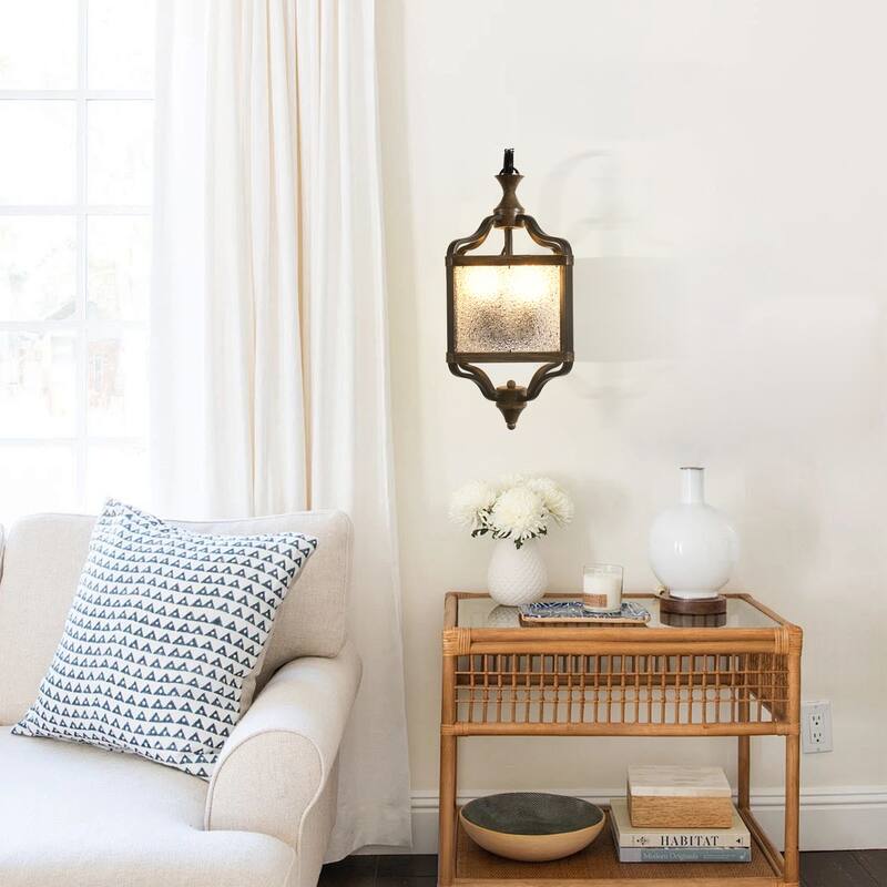 CurveCurio 17" Antique Matte Black Wall Light Metal Farme w/ Glass Shade and Solid Wood Shade, 3 Light Wall Sconces - 12"*8"*17"