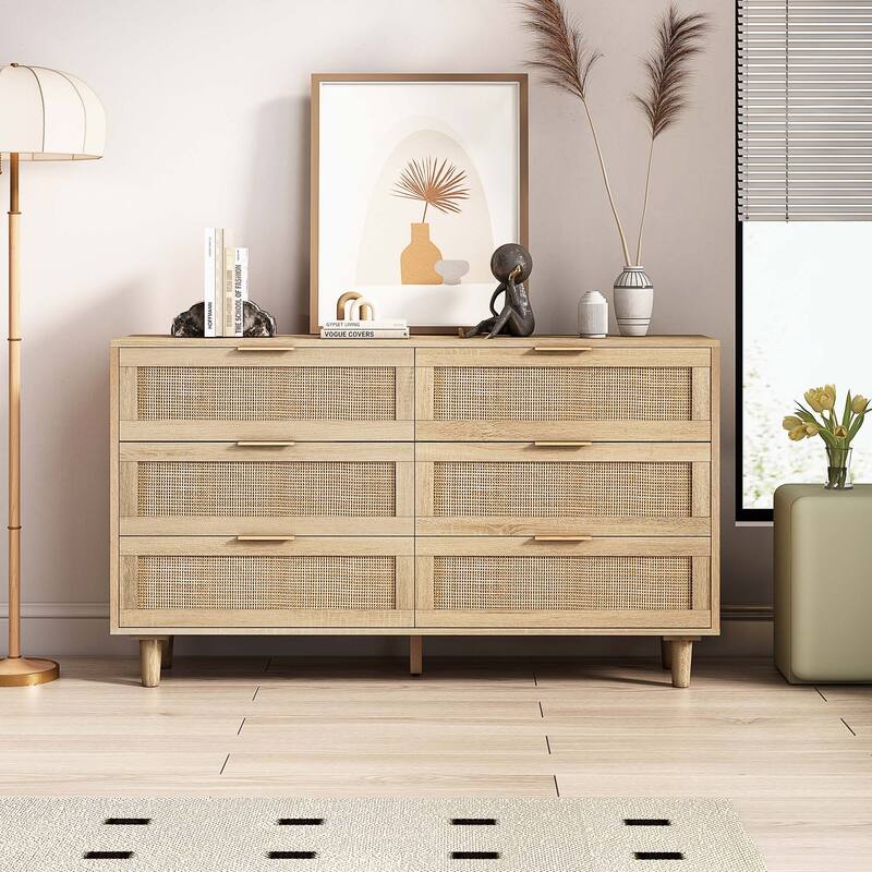 Modern 6 drawers Rattan dresser Rattan Drawer - Natural-51.18"(L)*15.75"(W)*29.53(H)