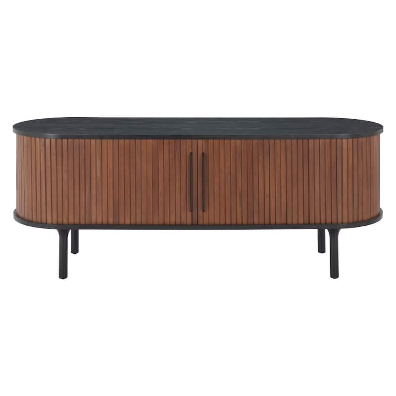 HomeRoots 60" Black And Walnut Wood Ribbed Texture Sideboard with Two Sliding Doors - 60.00 in. x 22.80 in. x 18.00 in.