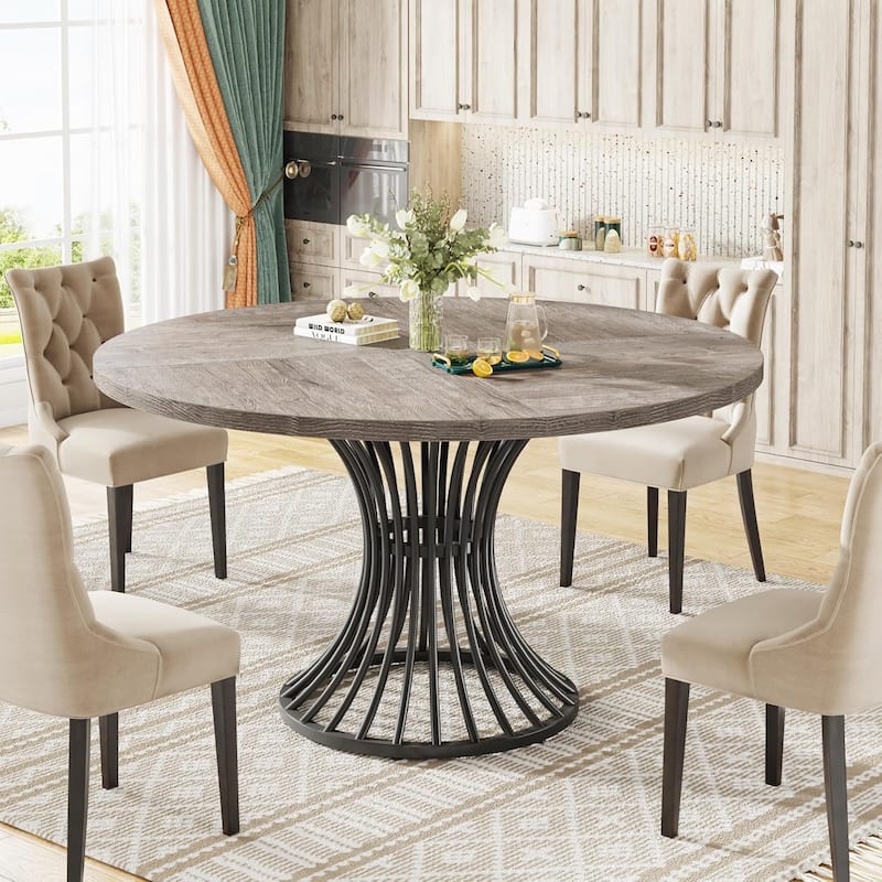 47" Farmhouse Round Dining Table for 4-6 -Industrial Dinner Table with Hourglass Metal Pedestal Base (Table Only)