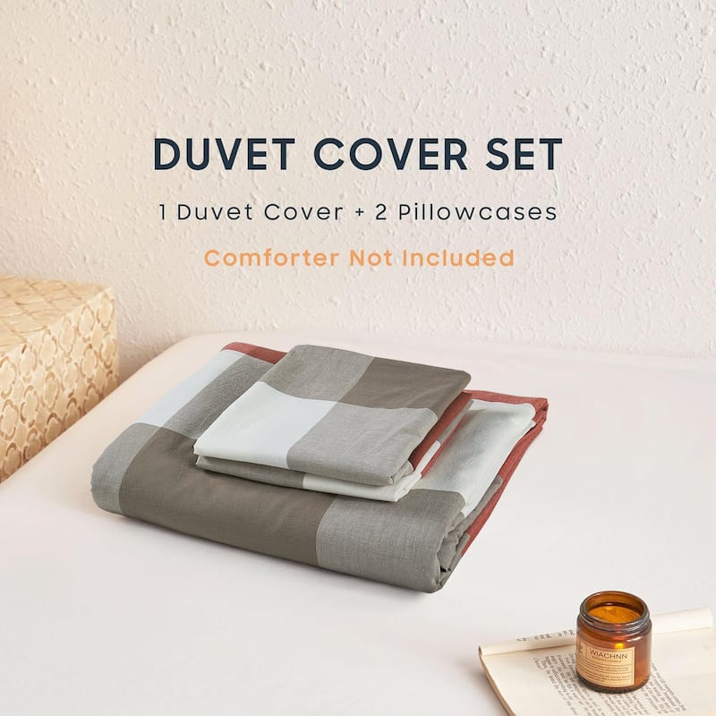 Cotton Plaid Windowpane Check 3-piece Duvet Cover Set