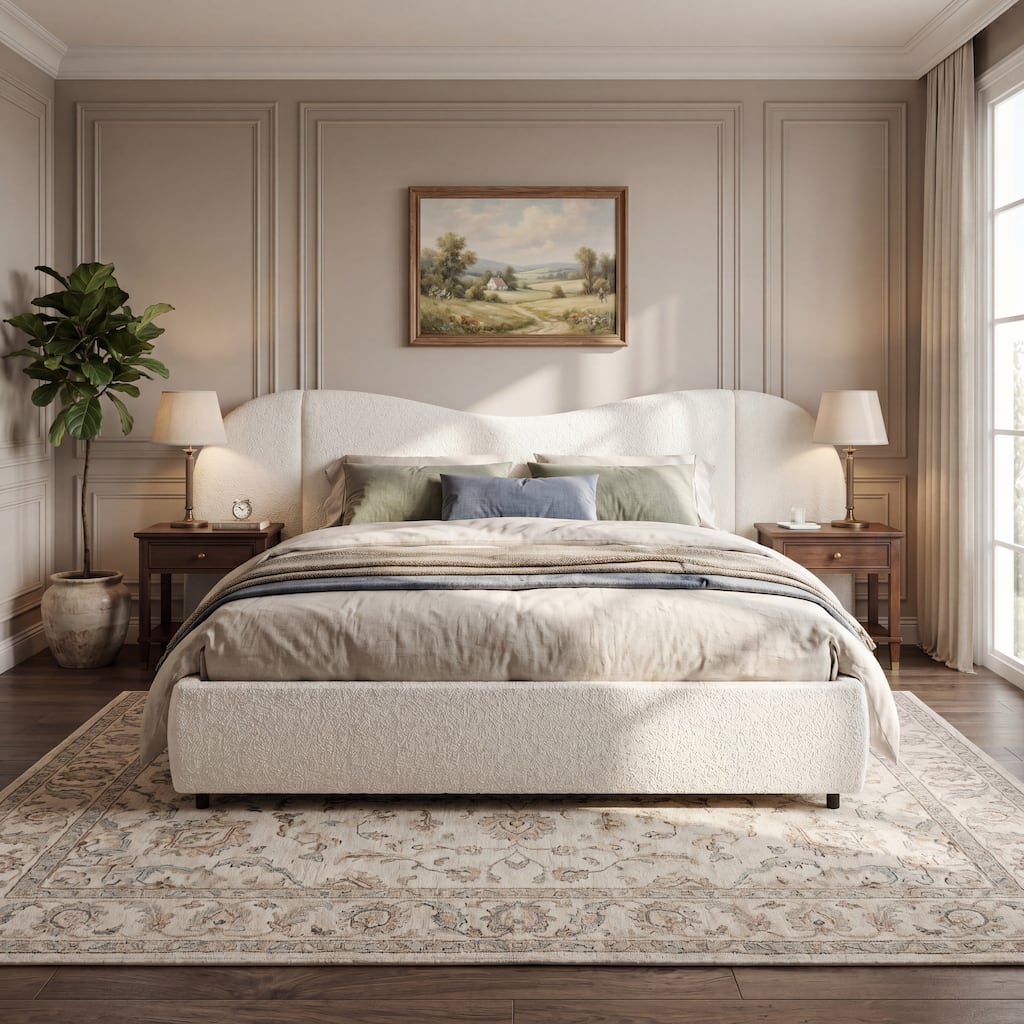 Off White King Size Upholstered Bed Frame with Headboard