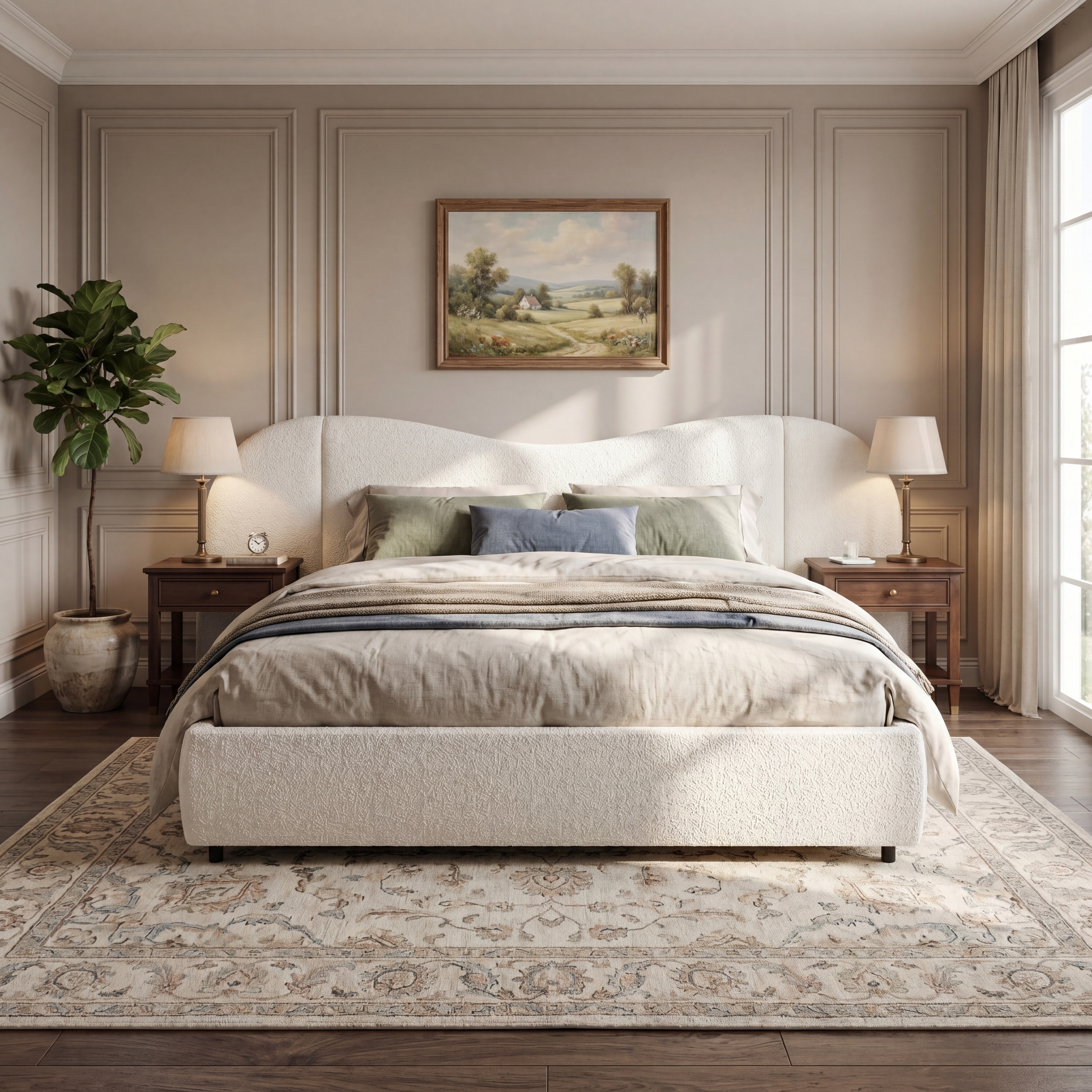 Off White King Size Upholstered Bed Frame with Headboard