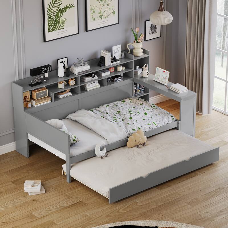 Wooden Daybed with Storage Shelves, Multi-functional Bed with Twin Size Trundle Bed and Study Desk