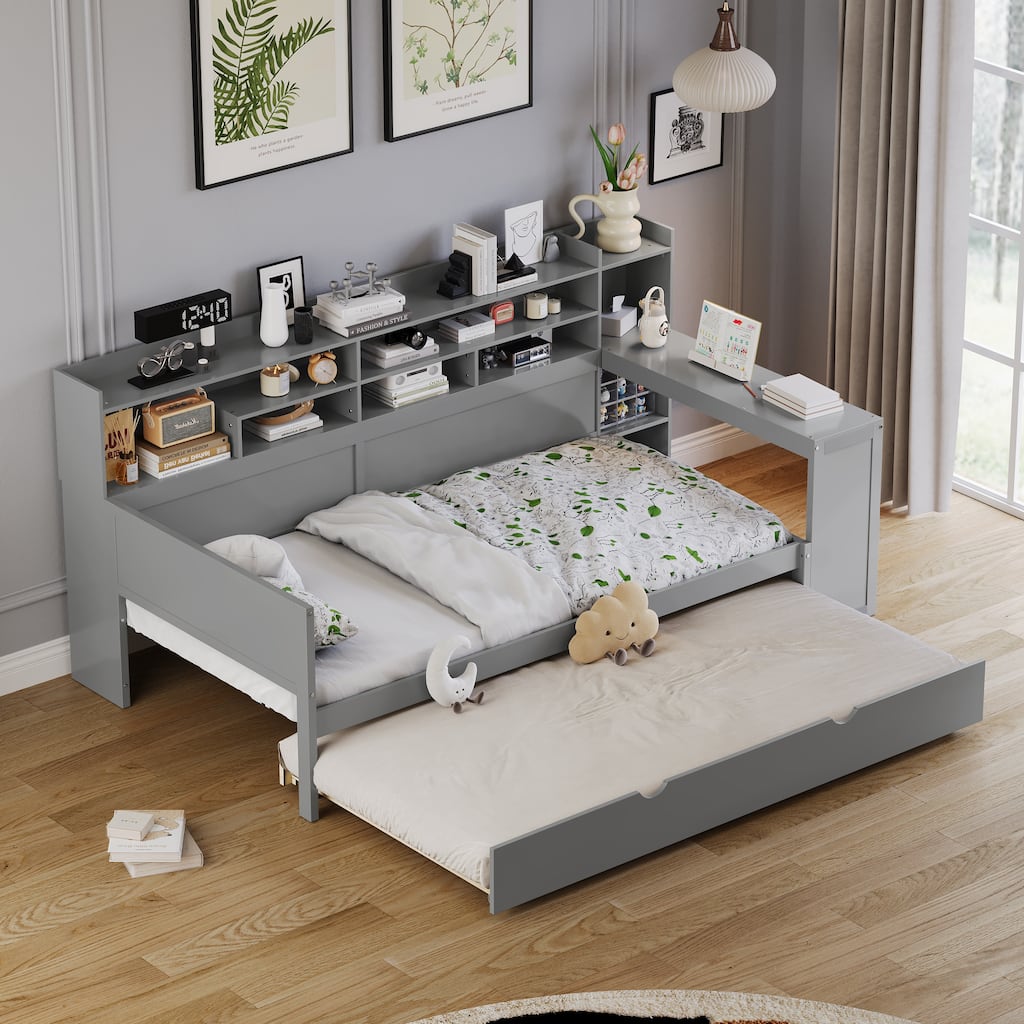 Wooden Twin Size Daybed with Storage Shelves, Multi-functional Bed with Twin Size Trundle Bed and Study Desk, Gray