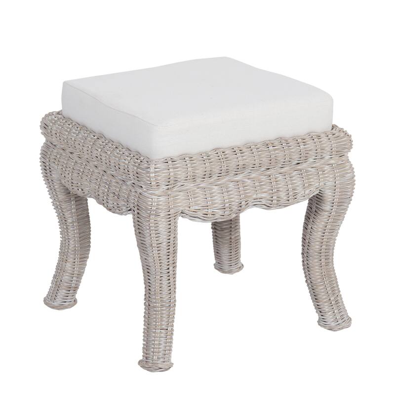 Praerie 19.7" Woven Rattan/Wood Vanity Stool, White Cushion with Natural Frame, by JONATHAN Y - 19.68"