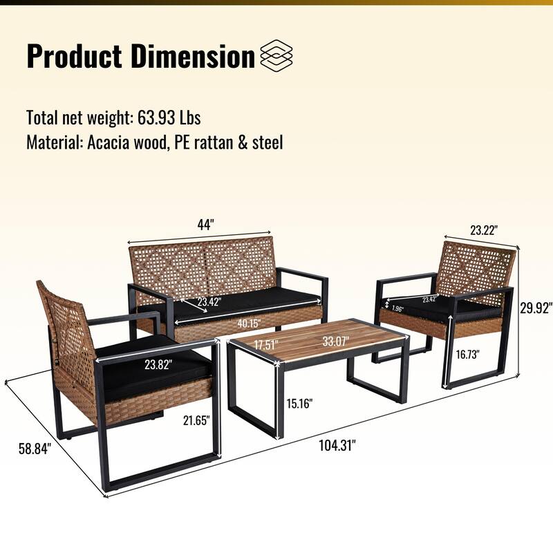 4-Piece Patio Furniture Set Outdoor Balcony Porch Garden Backyard Lawn Furniture Acacia Wood Table Top,Black and Light Brown