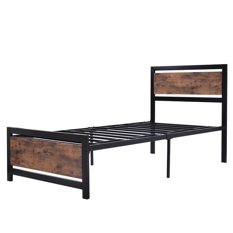Metal and Wood Platform Bed Frame with Headboard & Footboard