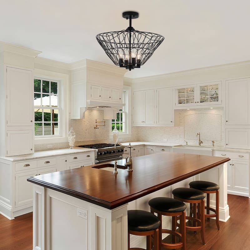 Matte Black 4-Light Metal Open Cage Semi-Flush Mount - Matte Black