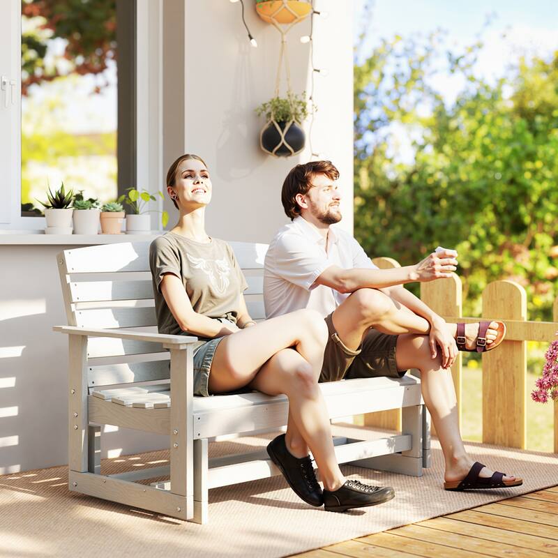 Outsunny 2-Person Outdoor Glider Bench Patio Double Swing Rocking Chair Loveseat w/ Slatted HDPE Frame - White