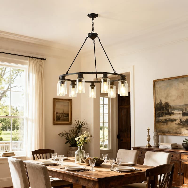 9-Light Black Wagon Wheel Chandelier With Light (No Bulbs) For Living Room Dining Room Kitchen--E26