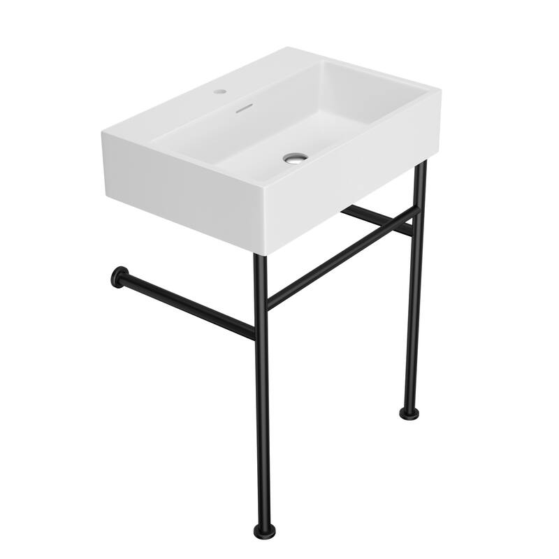 Lordear 24/30 in Ceramic White Single Bowl Console Sink Basin and Black/Gold Legs Combo with Overflow - 24 inch - Black