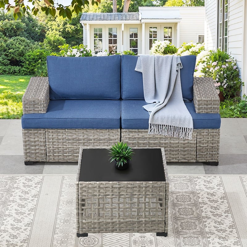 Pocassy Outdoor Sectional Sofa Patio Furniture Sets with Thickened Cushions - Blue Cushion - Sectional Sofa with Coffee Table