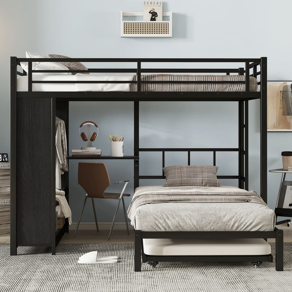Metal L Shaped Bunk Bed Frame with Trundle Bed for 3, Heavy Duty Metal Bunk Bed with Wardrobe and Foldable Desk