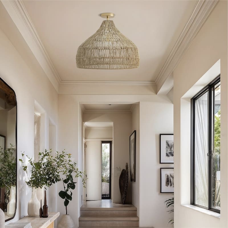 Dreamy Flush Mount Light - Palm Fibers & Brown 1-Light Dome Ceiling Light for Bedroom or Hallway in Modern, Mid-Century Style