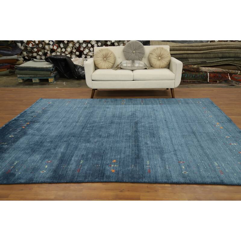Hand Knotted Oriental Viscose Silk Carpet Tribal Animal Pictorial Navy Blue & Blues Gabbeh Area Rug - 9' 9'' X 7' 9''