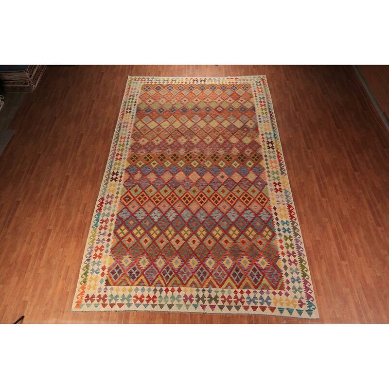 Trellis Geometric Kilim Oriental Large Rug Flatweave Wool Carpet - 10'4" x 16'0"