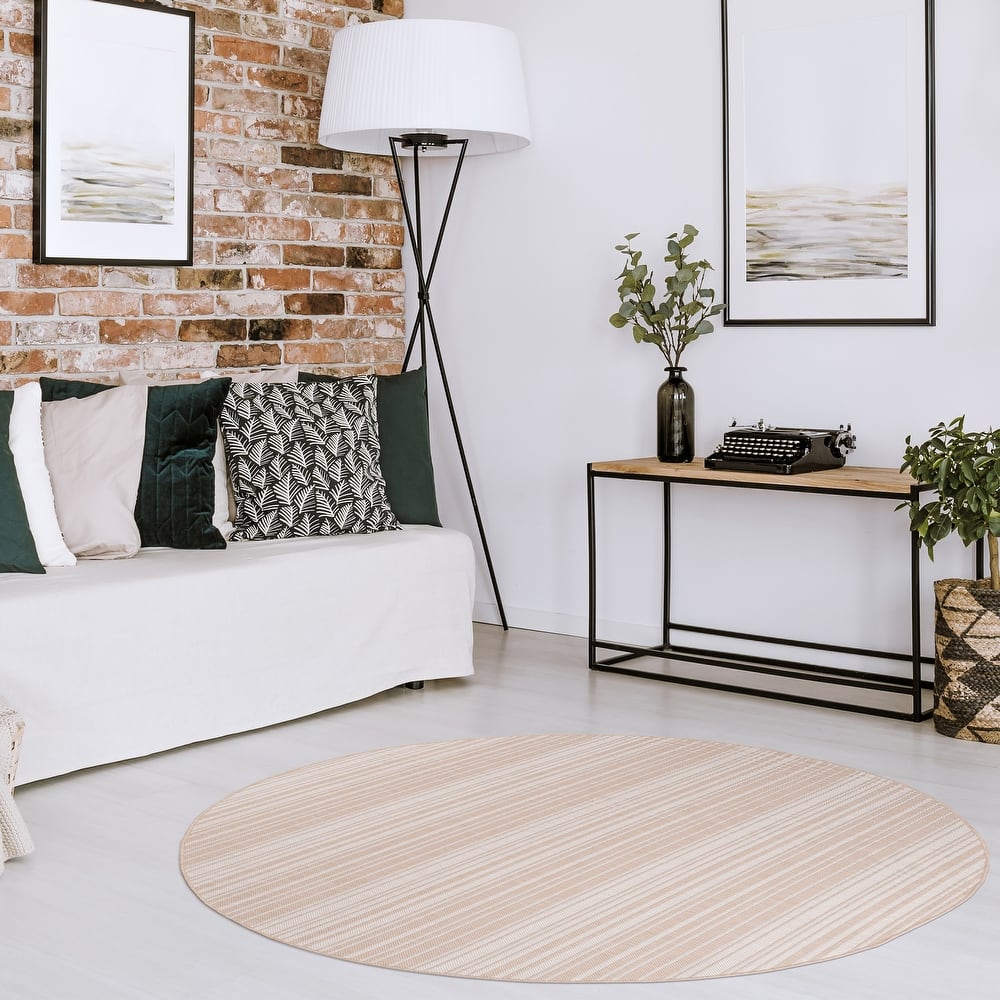 Beverly Rug Beige Striped Indoor Outdoor Rug, Outside Carpet for Patio, Deck, Porch