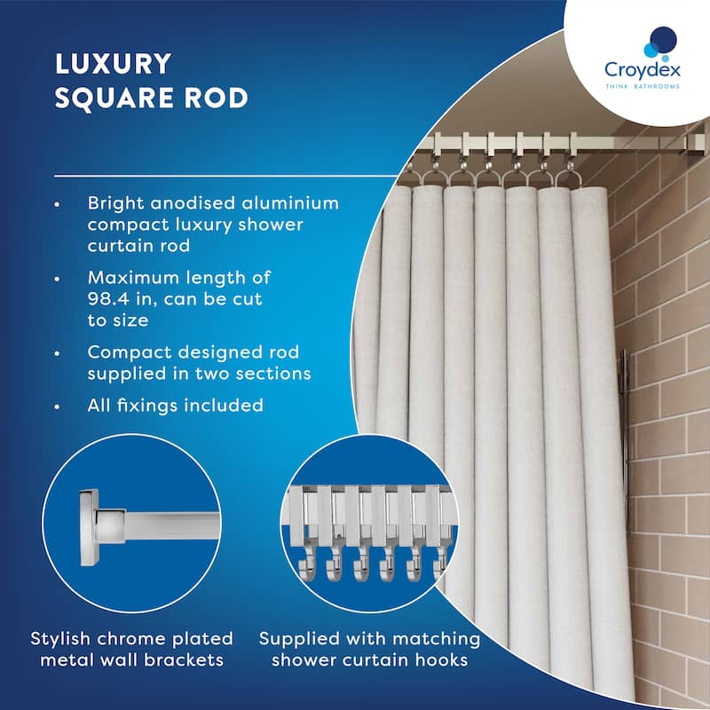 Croydex Luxury 98 in. Adjustable Square Shower Curtain Rod with Matching Hooks in Chrome