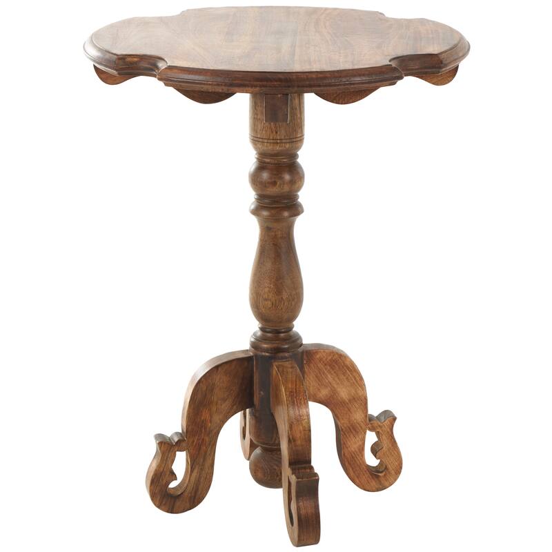 Brown Mango Wood Turned Side End Accent Table with Scrolled Legs and Cutout Tabletop