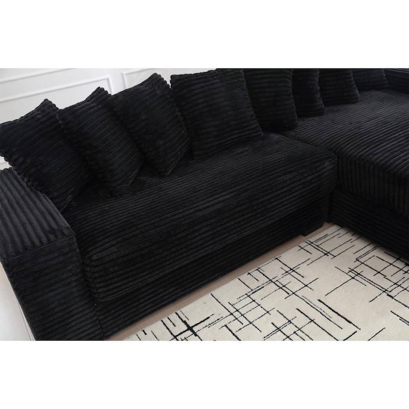 Black 111" Corduroy L-Shaped Sectional Sofa with Right Chaise & 8 Pillows