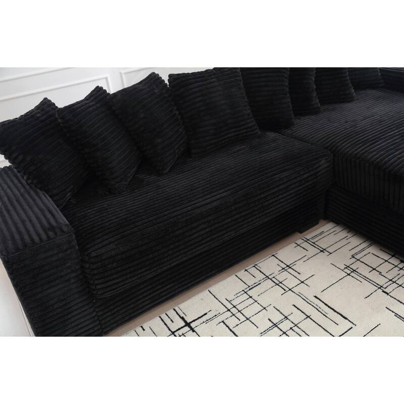 Oversized Two-Piece Corduroy L Shaped Sofa with Right Chaise Daybed and Eight Throw Pillows, Black