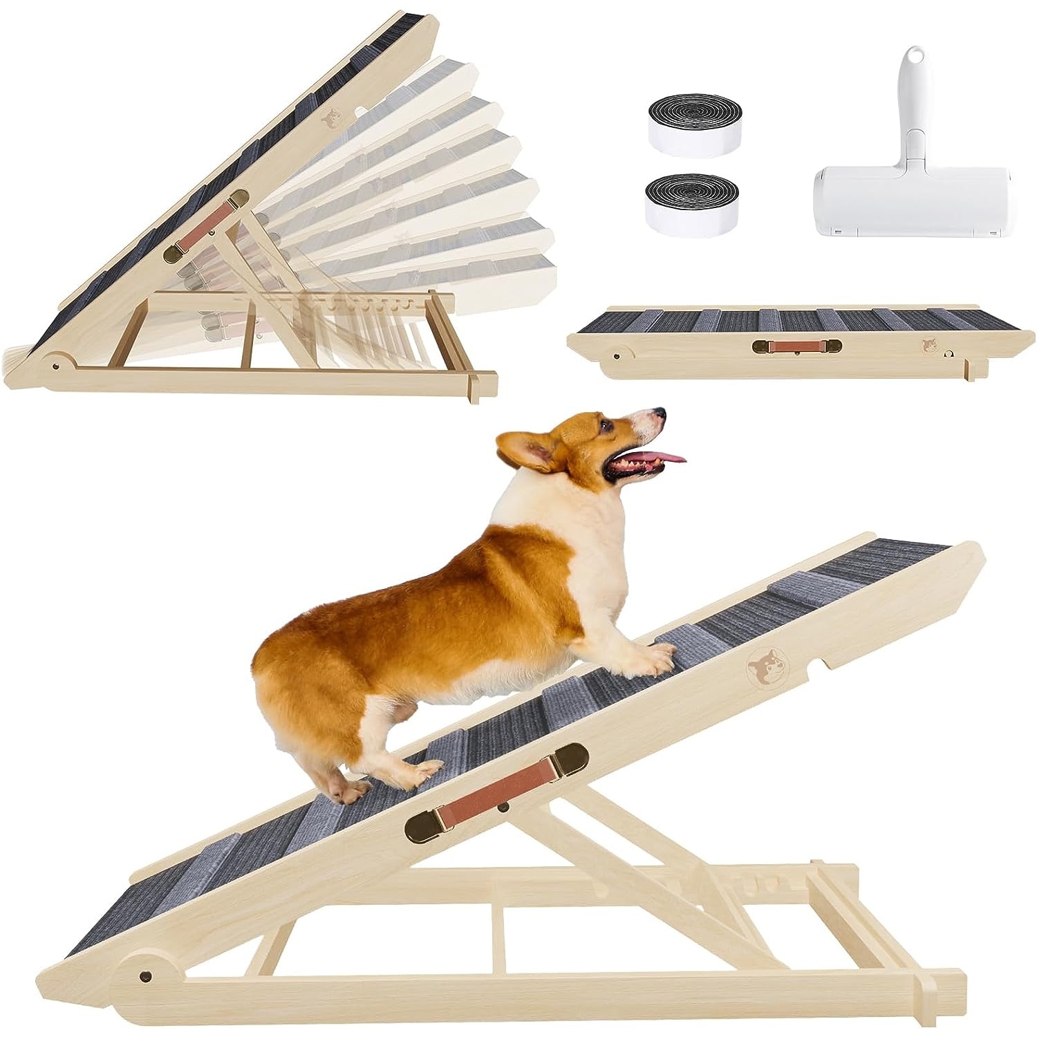 Wooden Dog Ramp Adjustable Folding Portable Pet Ramp with Sticky Roller - Natural - 41" x 15.7" x 4"