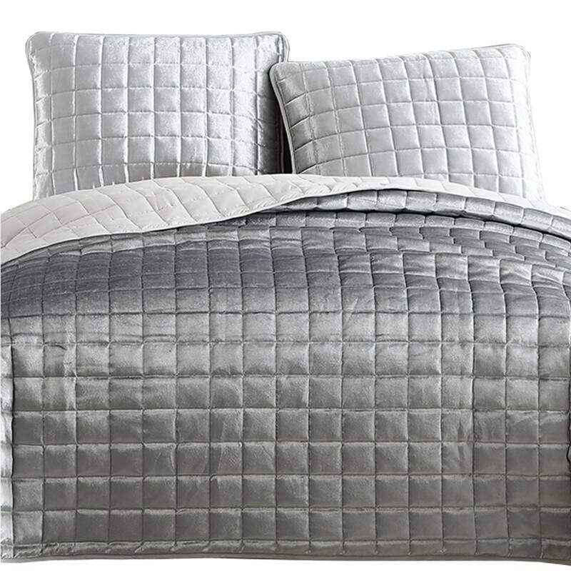 3 Piece King Size Coverlet Set with Stitched Square Pattern, Silver