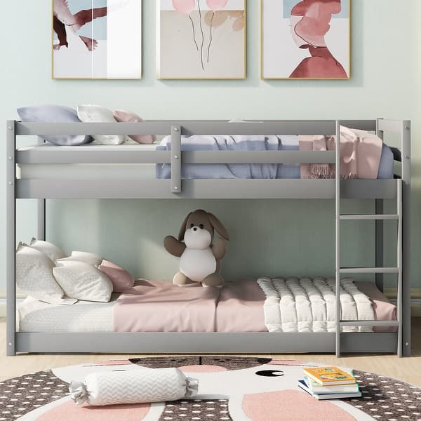 slide 2 of 22, Wooden Twin over Twin Floor Bunk Bed with Ladder and Guardrails Grey