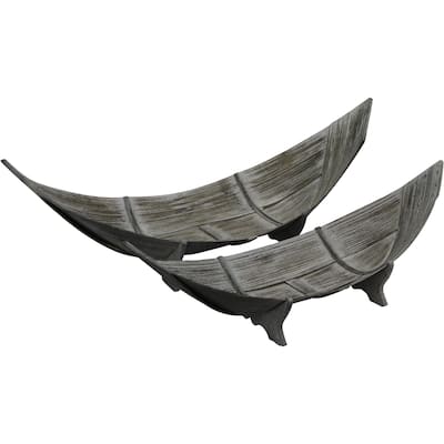 Set Of 2 Wooden Washed White On Gray Footed Boat Shaped Trays
