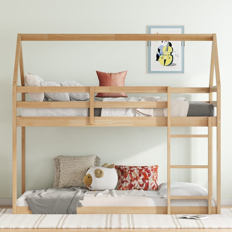 Twin over Twin Rubber Wood Floor Bunk Bed with Ladder, Guardrails, and House-Shaped Design, Pink Kids Bunk Bed - White+Oak - Twin