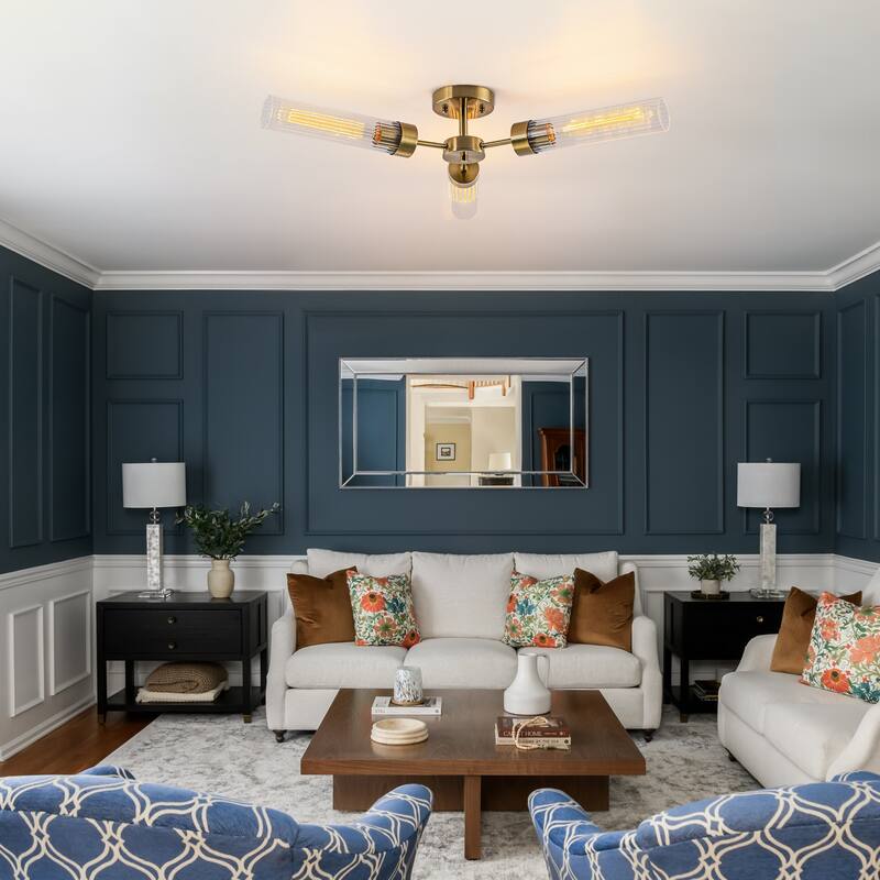 Modern Industrial 3-Light Clear Ribbed Glass Flush Mount Ceiling Light - Gold