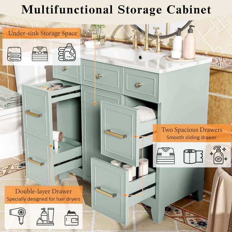 36" Wood Vanity with Ceramic Sink, Soft-Close Doors, Shelves, and Deep Drawers for Storage.