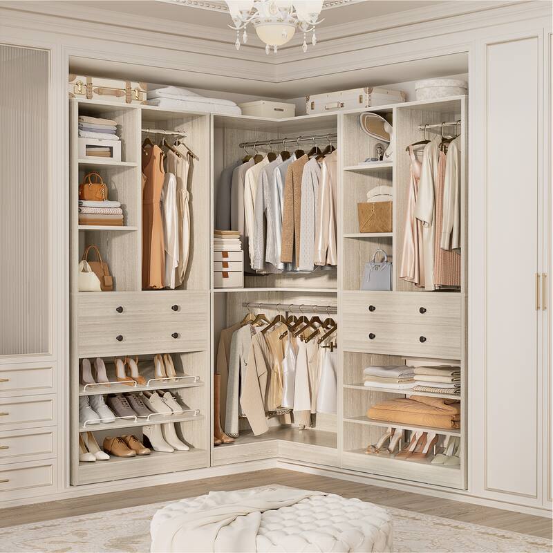 Set of 2/ 3 Coner Closet System with Shoe Racks and Drawers, Freestanding Closet Organizer with Hanging Rods and Shelves