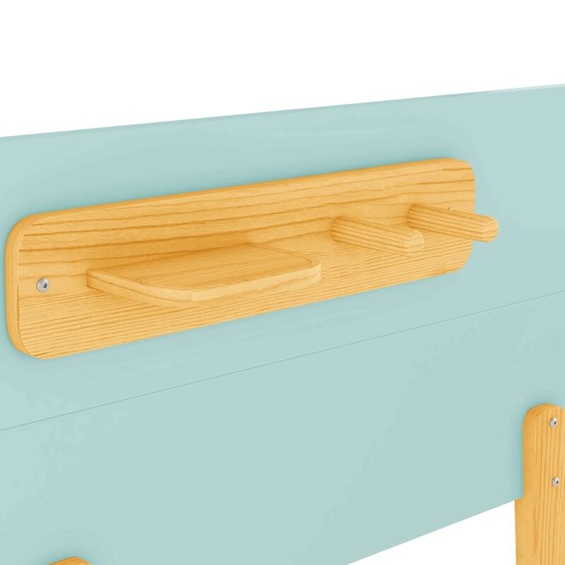 Kids Wood Platform Bed with Guardrails, Bottle Holder and 2 Hanging Rod, Convertible Toddler Daybed, Low Profile Design Frame