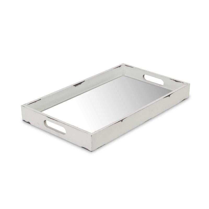 HomeRoots 16" White Wood Indoor Outdoor Serving Tray With Handles