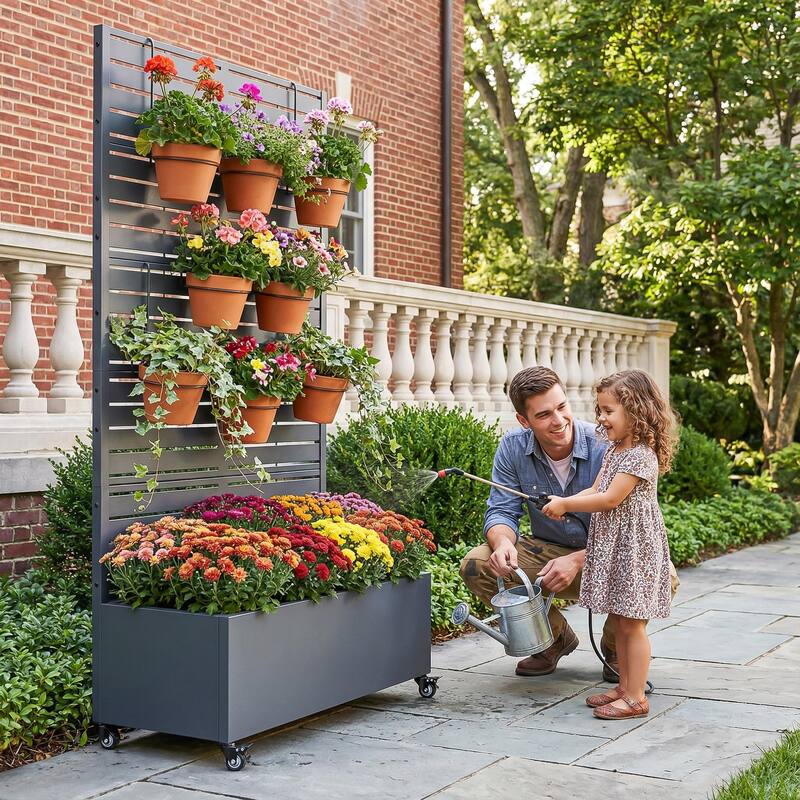 Raised Garden Bed Planter with Trellis Movable Planter Box with Lockable Wheels