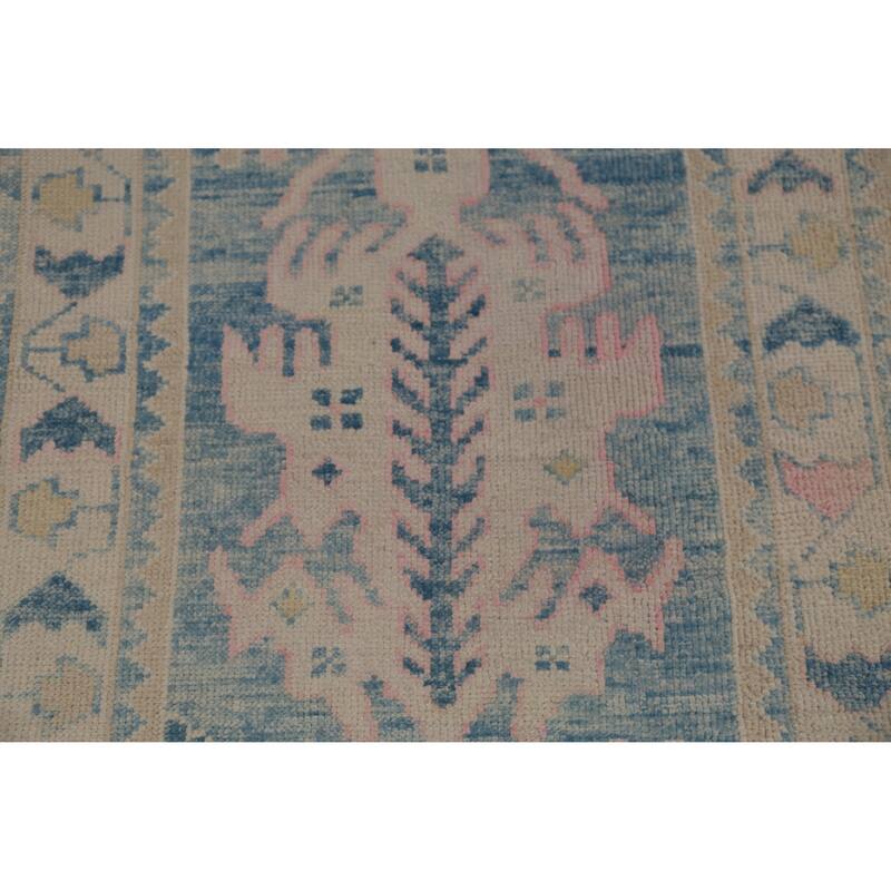 Hand Knotted Oriental 100% Wool Carpet Transitional Geometric Navy Blue & Blues Oushak Runner Rug - 12' 2'' X 3' 3''