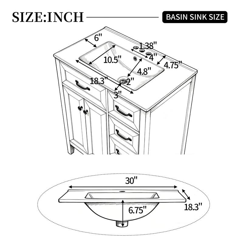 30" White Freestanding Bathroom Vanity with Ceramic Sink and Black Hardware