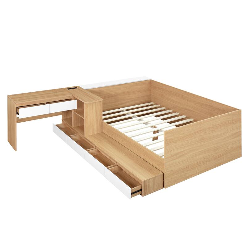 Full Wood Platform Bed - 6 Drawers, Shelves & Dressing Table, Space-Saving Design