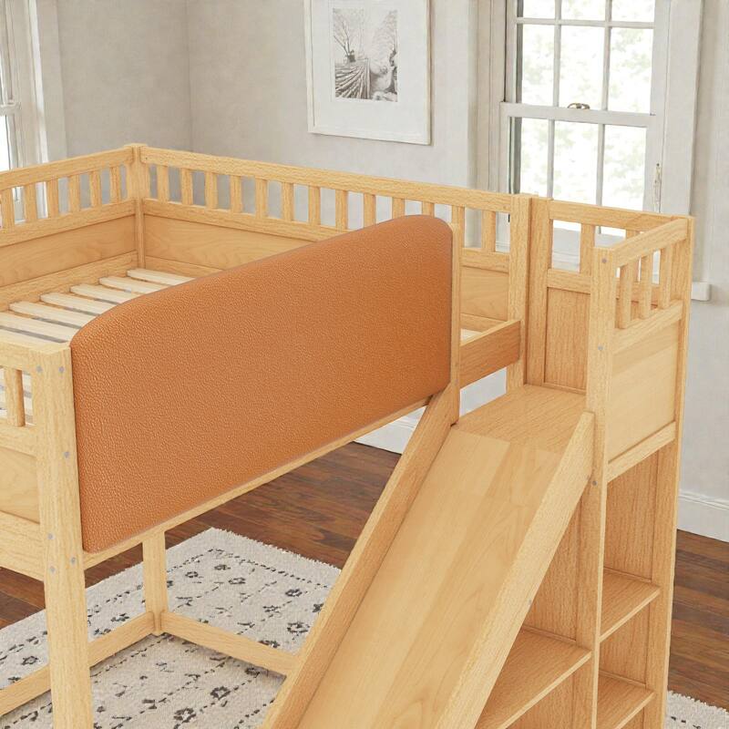 Loft Bed with Upholstered Headboard, Storage Shelves, Ladder and Slide, Solid Wood Frame