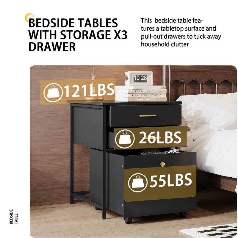 Modern 2-Drawer Nightstand Wooden Beside End Table with Rolling Cart
