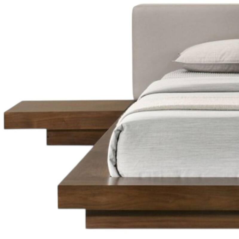 HomeRoots Gray and Walnut Wood And Faux Leather Queen Bed Frame With Attached Nightstands
