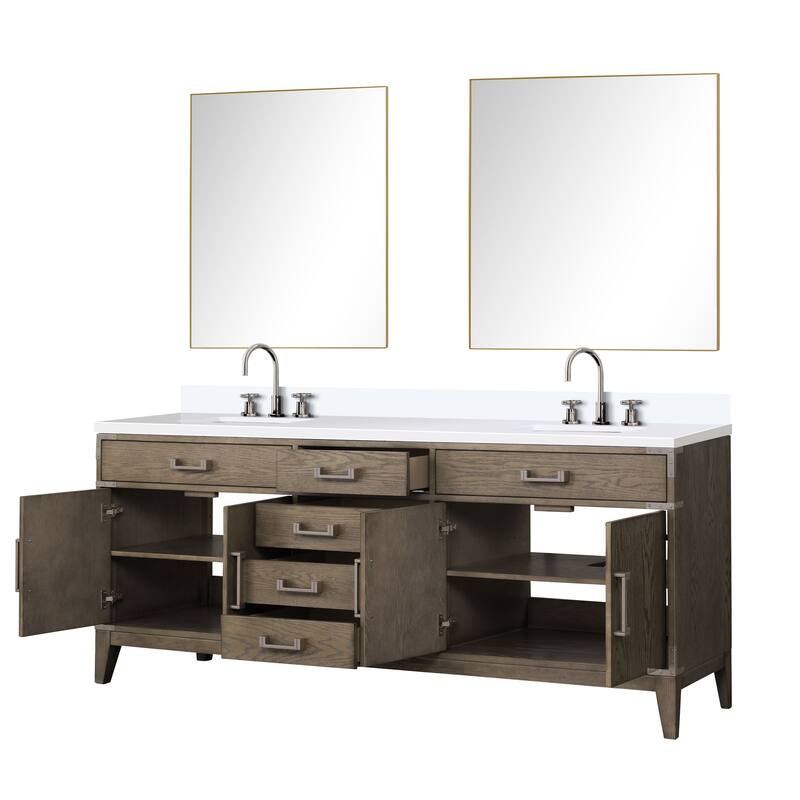 Laurel 60 in W x 22 in D Black Oak Double Bath Vanity, White Quartz Top, Faucet Set, and 28 in Mirrors