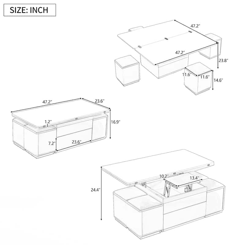 Lift-Top Coffee Table with 4 Storage Stools, Modern Space Saving Center Table , Multi-Functional Adjustable Coffee Table