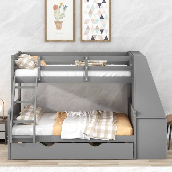 slide 2 of 15, Twin over Full Bunk Bed with Trundle Bed and Built-In Desk, Wood Frame Guardrail Bed with Three Storage Drawers & Shelf Gray